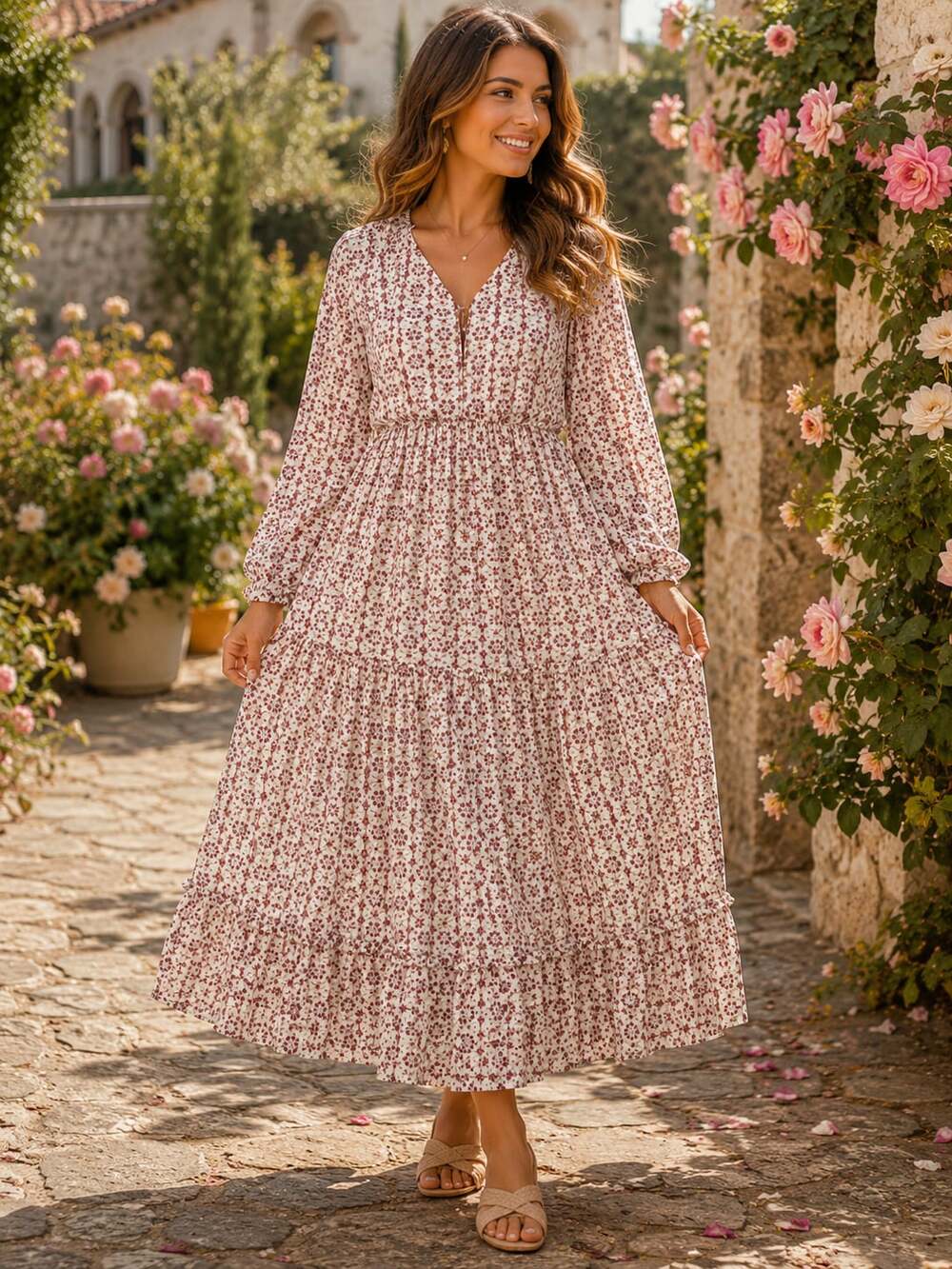DownEast Floral Tiered Midi Dress XS Long Sleeve Boho Cottagecore Red Cream